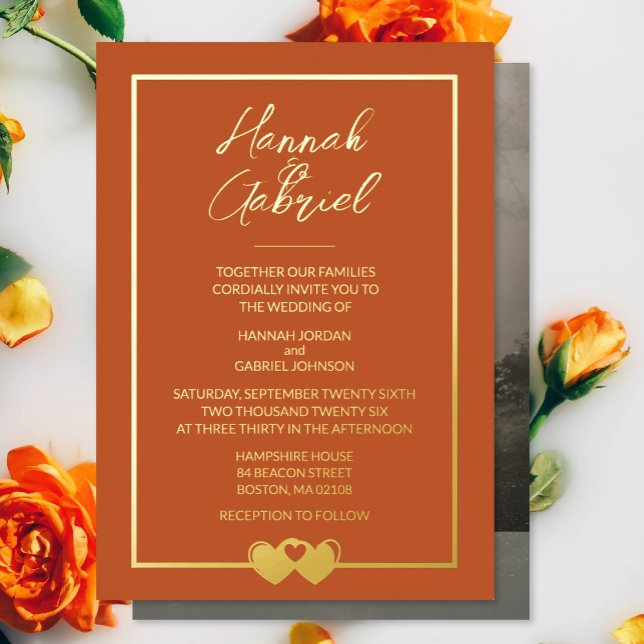 Terracotta Gold Photo Mariage Foil Invitation (The front and back of the Terracotta Gold Photo Foil Wedding Invitation)