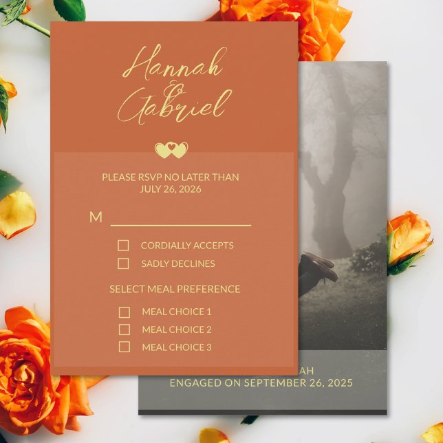 Terracotta Gold Photo Wedding RSVP Response Card (The front and back of the Terracotta Gold wedding RSVP card)