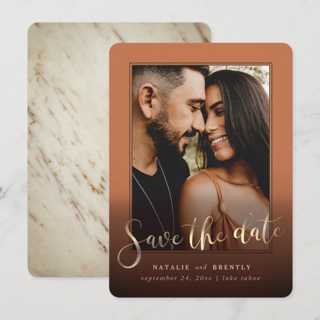 Terracotta Gold Script & Marble Photo Overlay Save The Date (Front/Back)