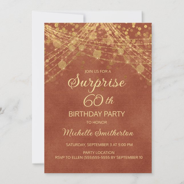 Terracotta Gold String Lights Surprise 60th Invitation (Front)