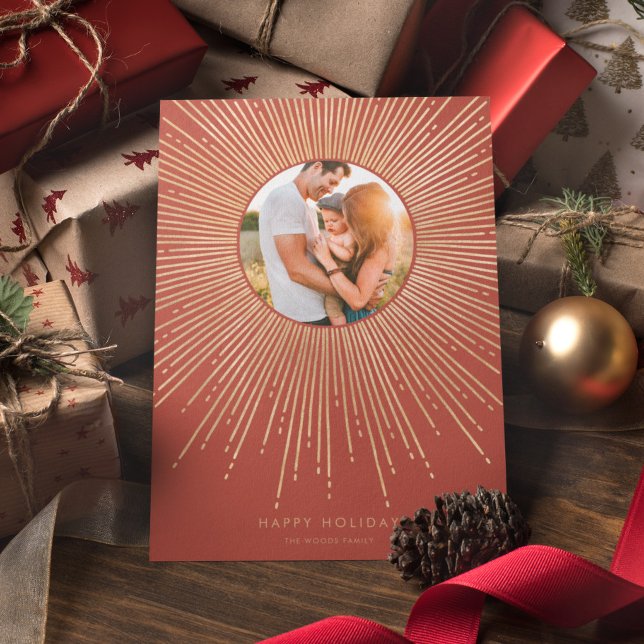 Terracotta & Gold Sunburst Frame Art Deco Photo Holiday Card (Creator Uploaded)