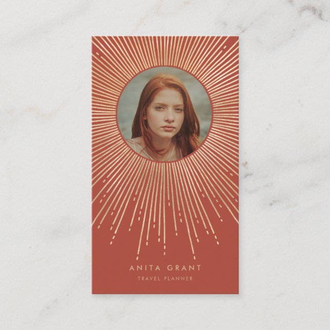 Terracotta & Gold sunburst frame art deco vertical Business Card (Front)