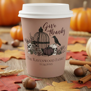 Terracotta Gothic Skulls & Roses Give Thanks Fall Paper Cups