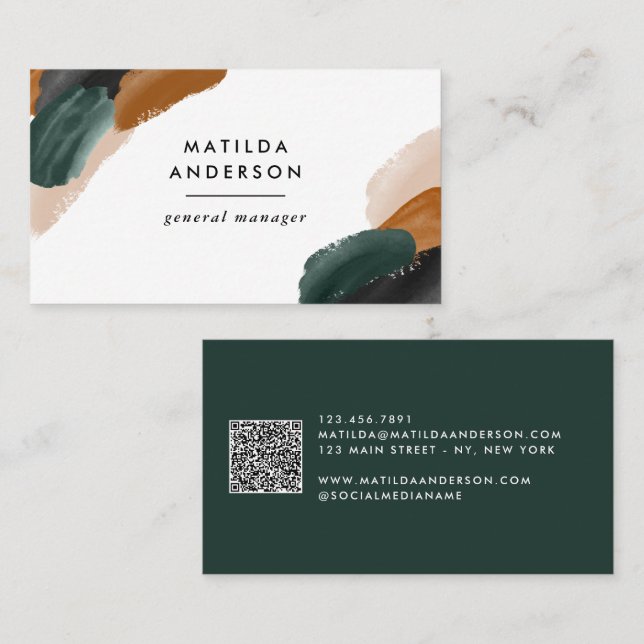 Terracotta, green abstract modern QR CODE Business Card (Front/Back)
