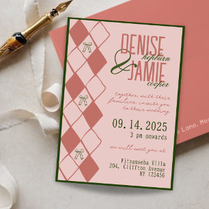 Terracotta & Green Argyle Bow Preppy Fall Wedding Invitation