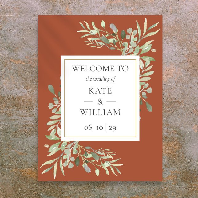 Terracotta Green Botanical Mariage Affiche de bien (Terracotta Greenery Botanical Wedding Welcome Sign)