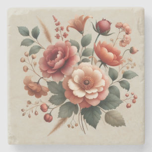 Terracotta Green Watercolor Floral Spring Summer Stone Coaster
