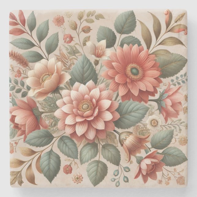 Terracotta Green Watercolor Floral Spring Summer Stone Coaster (Front)