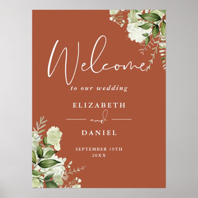 Terracotta Greenery Floral Wedding Welcome Sign (Front)