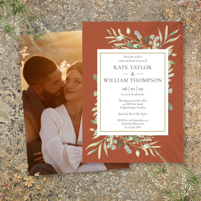 Terracotta Greenery Foliage Photo Rehearsal Dinner Invitation (Terracotta Greenery Foliage Photo Rehearsal Dinner Invitation)