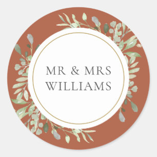 Terracotta Greenery MR & MRS Wedding Classic Round Sticker
