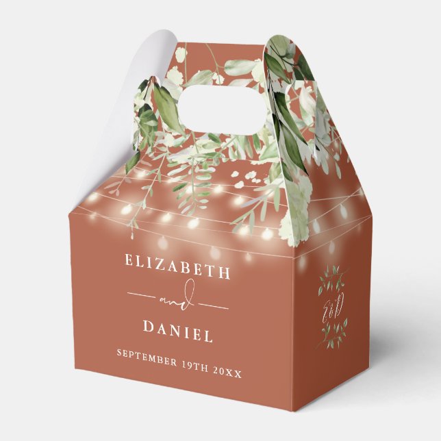 Terracotta Greenery String Lights Monogram Wedding Favor Box (Front Side)