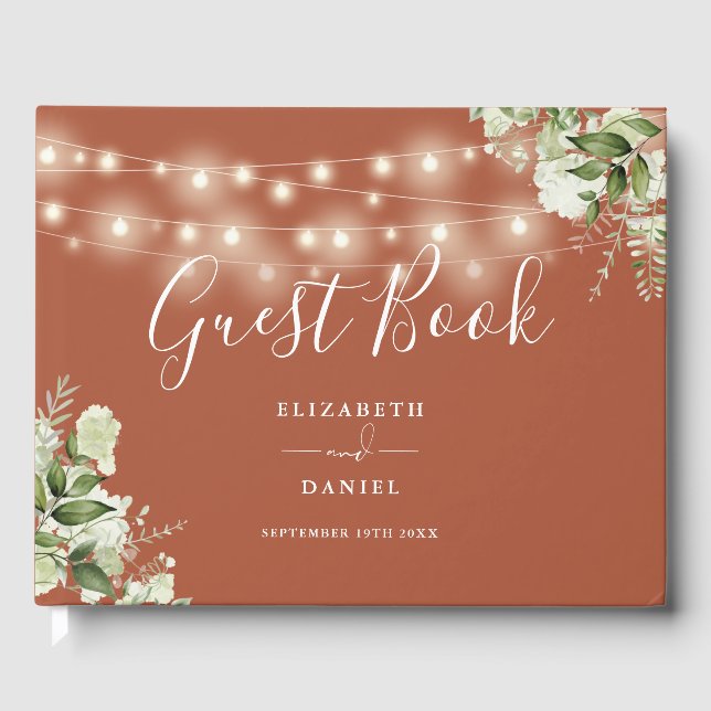 Terracotta Greenery String Lights Wedding Guest Book (Front)