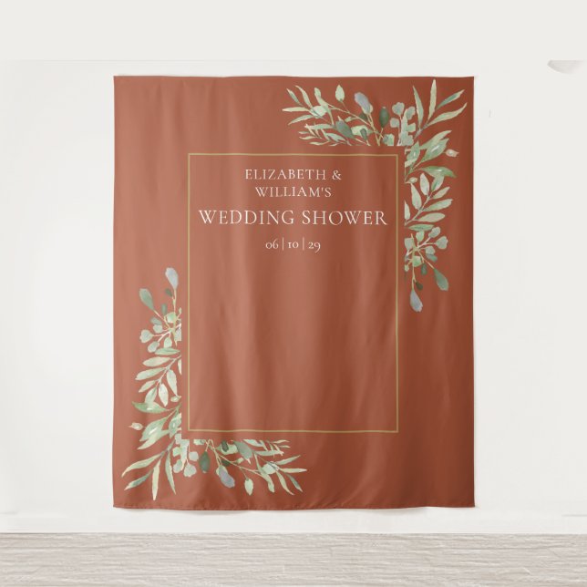 Terracotta Greenery Wedding Shower Photo Backdrop Tapestry (Front)