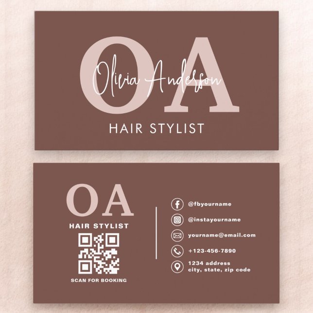 Terracotta Hair Stylist QR Code Monogram  Business Card (Creator Uploaded)