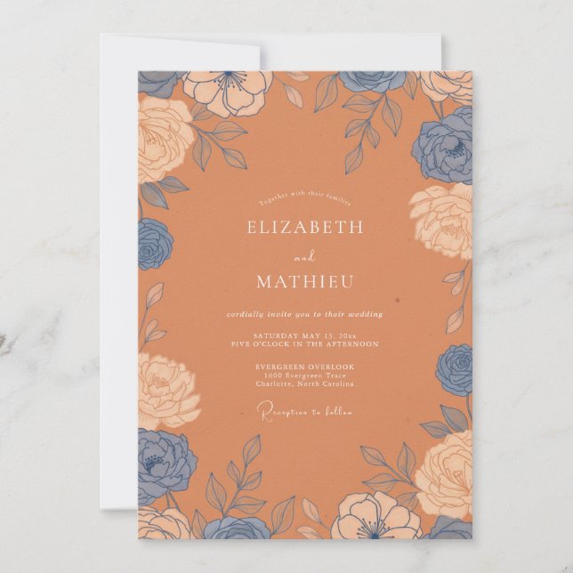 Terracotta Hand-drawn Botanical Wedding Invitation (Front)