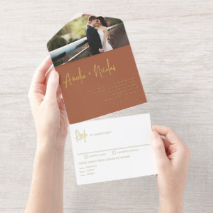 Terracotta Handwriting Typography Photo Wedding All In One Invitation