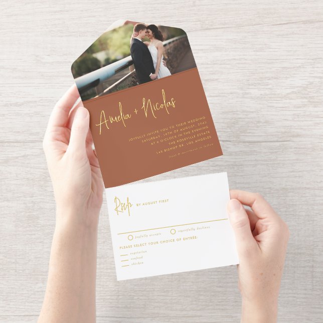 Terracotta Handwriting Typography Photo Wedding All In One Invitation (Tearaway)