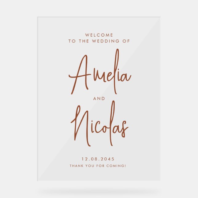 Terracotta Handwritten Calligraphy Wedding Welcome Acrylic Sign (Front)