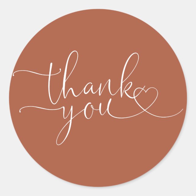 Terracotta Heart Script Thank You Classic Round Sticker (Front)