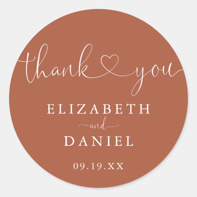 Terracotta Heart Script Thank You Wedding Favour Classic Round Sticker (Front)