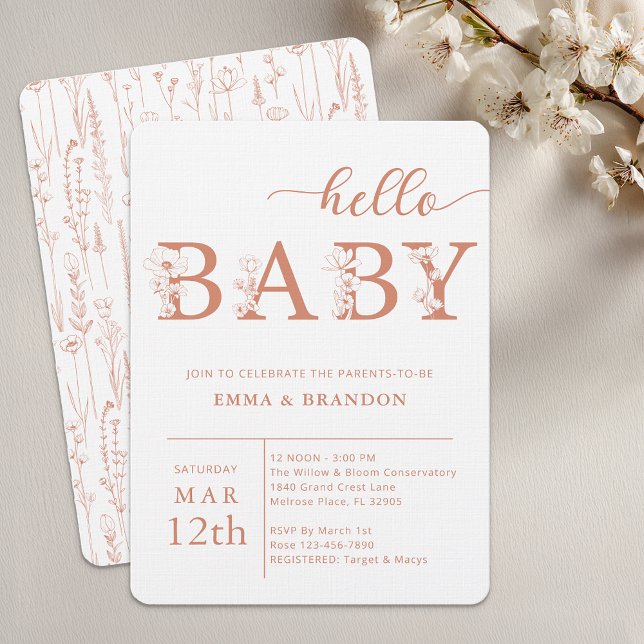 Terracotta Hello Baby Wildflower Invitation (Terracotta Baby Shower Invite)