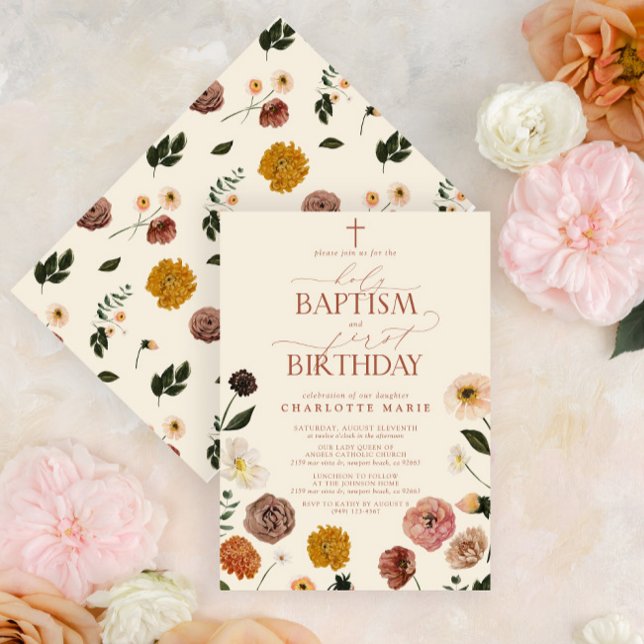 Terracotta Holy Baptism & 1st Birthday Flowers  Invitation (Easily personalize this sweet baby shower invitation with your unique details)