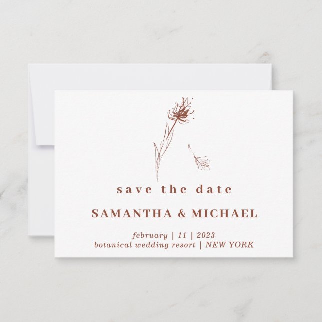 Terracotta Indie Dandelion Flower Save the date Invitation (Front)
