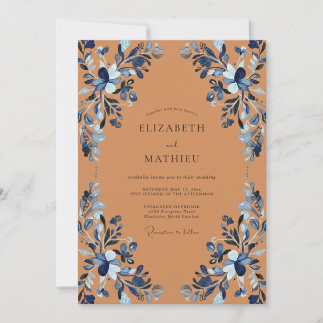 Terracotta Indigo Peony Wedding Invitation (Front)