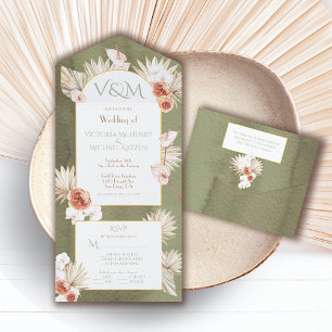 Terracotta & Khaki Palm Leaves Wedding All In One Invitation