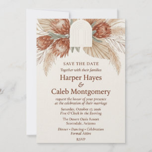 Terracotta King Protea, Pampas Grass, and Arch Wat Invitation
