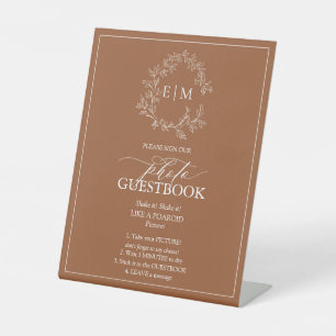 Terracotta Leafy Crest Monogram Photo Guestbook Pedestal Sign