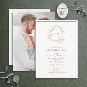 Terracotta Leafy Crest Monogram Photo Wedding Invitation