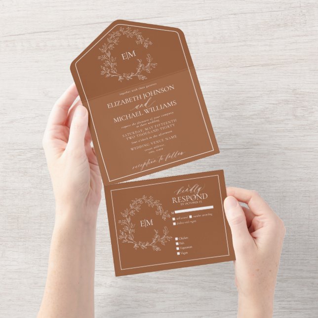 Terracotta Leafy Crest Monogram Wedding All In One Invitation (Tearaway)