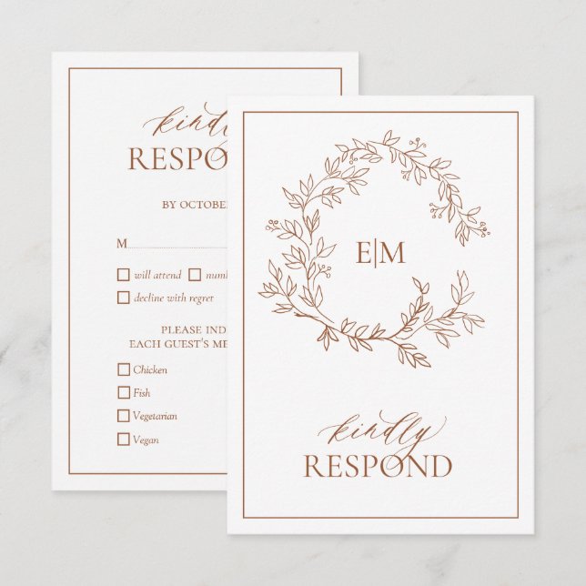 Terracotta Leafy Crest Monogram Wedding RSVP Card (Front/Back)