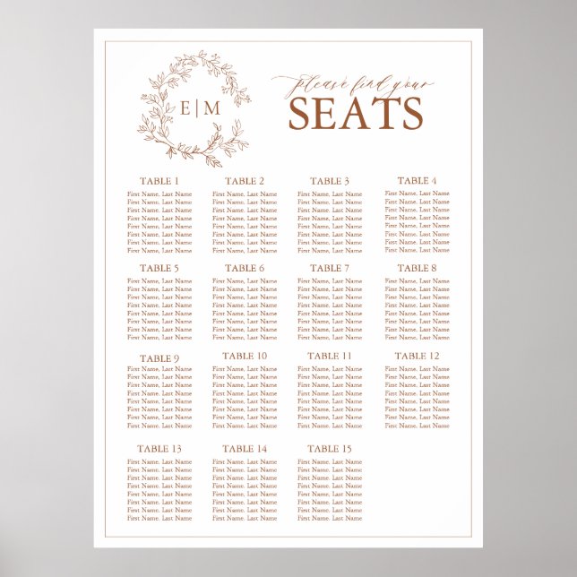 Terracotta Leafy Crest Monogram Wedding Seating Poster (Front)