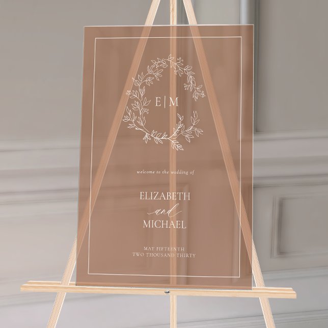 Terracotta Leafy Crest Monogram Welcome Wedding Acrylic Sign (Wedding Welcome Sign!)