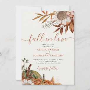 Terracotta leaves boho floral ivory fall wedding invitation