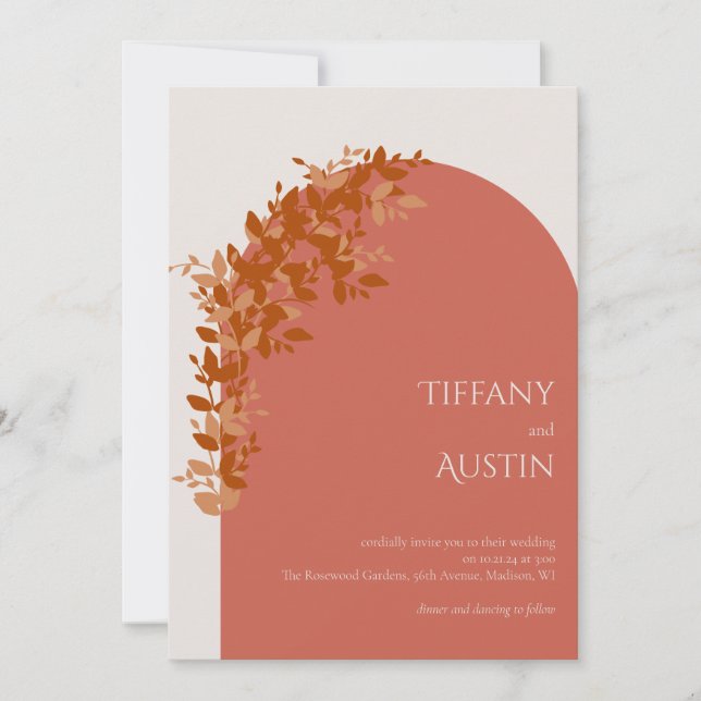 Terracotta Leaves Clean Modern Wedding Invitation (Front)
