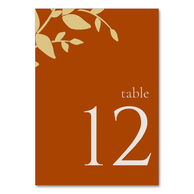 Terracotta Leaves Modern Wedding Table Number (Front)