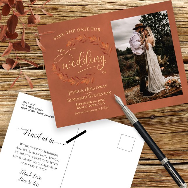 Terracotta Leaves Wedding Save the Date Photo  Announcement Postcard (Creator Uploaded)