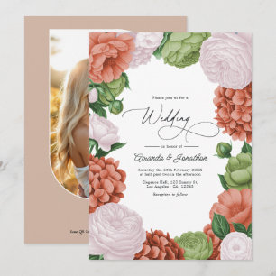 Terracotta Light Peach Olive Green Floral Wedding Invitation