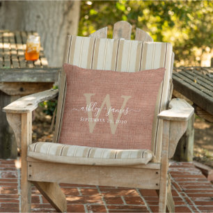 TerraCotta Linen Monogram Wedding Keepsake Outdoor Pillow