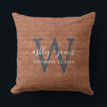TerraCotta Linen Monogram Wedding Keepsake Throw Pillow<br><div class="desc">Rustic and modern wedding keepsake terracotta woven linen effect pillow with your text in white chic handwritten script calligraphy and your monogram in off-black stylish typography. Simply add your names, monogram and wedding date. Great gift for a newlywed couple. Exclusively designed for you by Happy Dolphin Studio. If you need...</div>