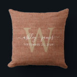 TerraCotta Linen Monogram Wedding Keepsake  Throw Pillow<br><div class="desc">Rustic and modern wedding keepsake terracotta woven linen effect pillow with your text in white chic handwritten script calligraphy and your monogram in gold stylish typography. Simply add your names, monogram and wedding date. Great gift for a newlywed couple. Exclusively designed for you by Happy Dolphin Studio. If you need...</div>