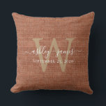 TerraCotta Linen Monogram Wedding Keepsake  Throw Pillow<br><div class="desc">Rustic and modern wedding keepsake terracotta woven linen effect pillow with your text in white chic handwritten script calligraphy and your monogram in gold stylish typography. Simply add your names, monogram and wedding date. Great gift for a newlywed couple. Exclusively designed for you by Happy Dolphin Studio. If you need...</div>