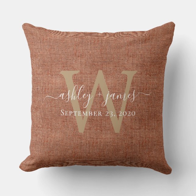 TerraCotta Linen Monogram Wedding Keepsake  Throw Pillow (Front)