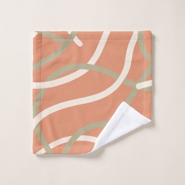 Terracotta Linework Pattern | Cream & Olive  Bath Towel Set (Wash Cloth)