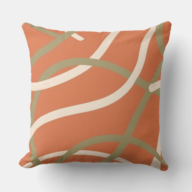 Terracotta Linework Pattern | Cream & Olive  Throw Pillow (Front)