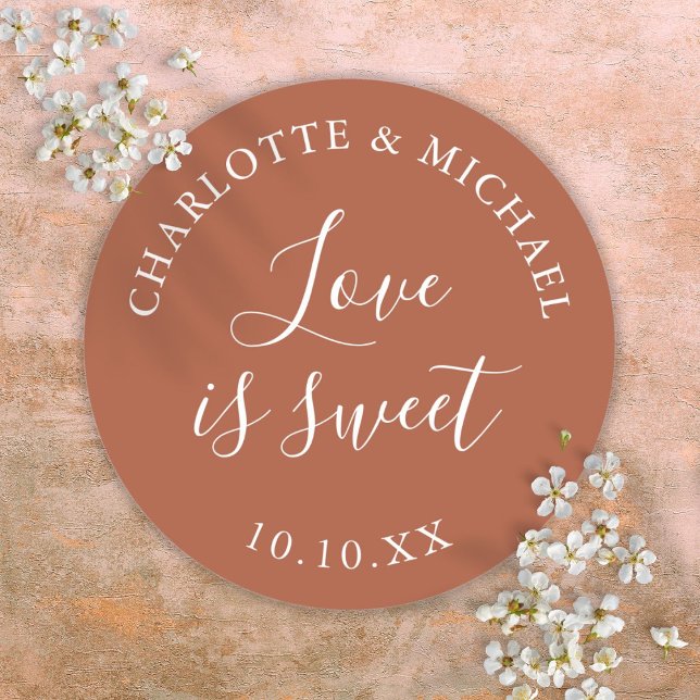 Terracotta Love Is Sweet Wedding Favor  Classic Round Sticker (Terracotta Love Is Sweet Wedding Favor Classic Round Sticker)